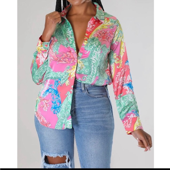 Satin Medusa Print Blouse Pink Multicolored - Picture 1 of 3